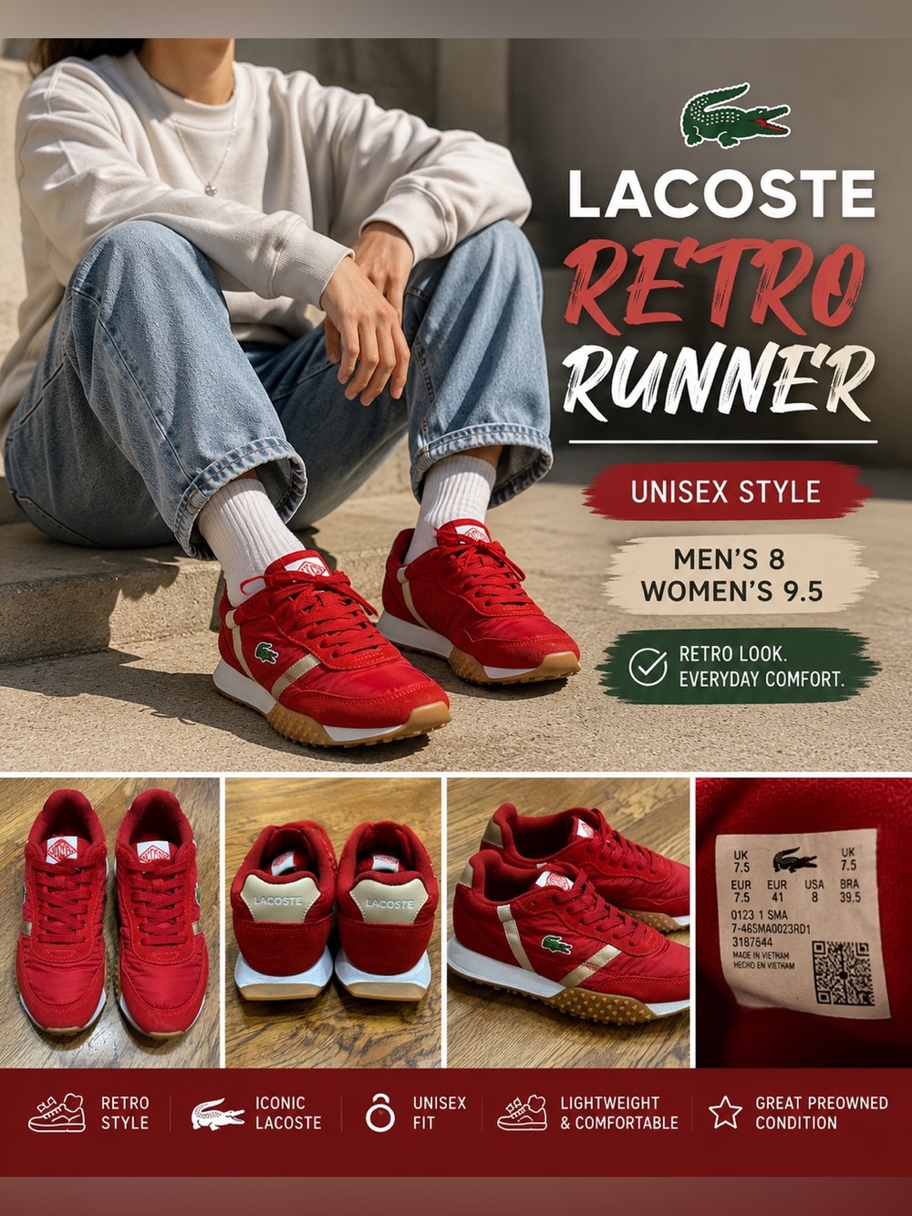 Lacoste Red Retro Runner Sneakers Men’s 8 Women’s 9.5 Unisex Athletic Shoes